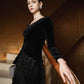 Black Velvet and Ruffled Chiffon Evening Gown