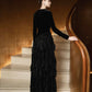 Black Velvet and Ruffled Chiffon Evening Gown