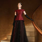 Red Brocade Peplum Top & Black Tulle Embellished Skirt Set