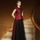 Red Brocade Peplum Top & Black Tulle Embellished Skirt Set