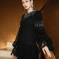 Black Lace Gown with Beaded Embellishments and Dramatic Sleeves