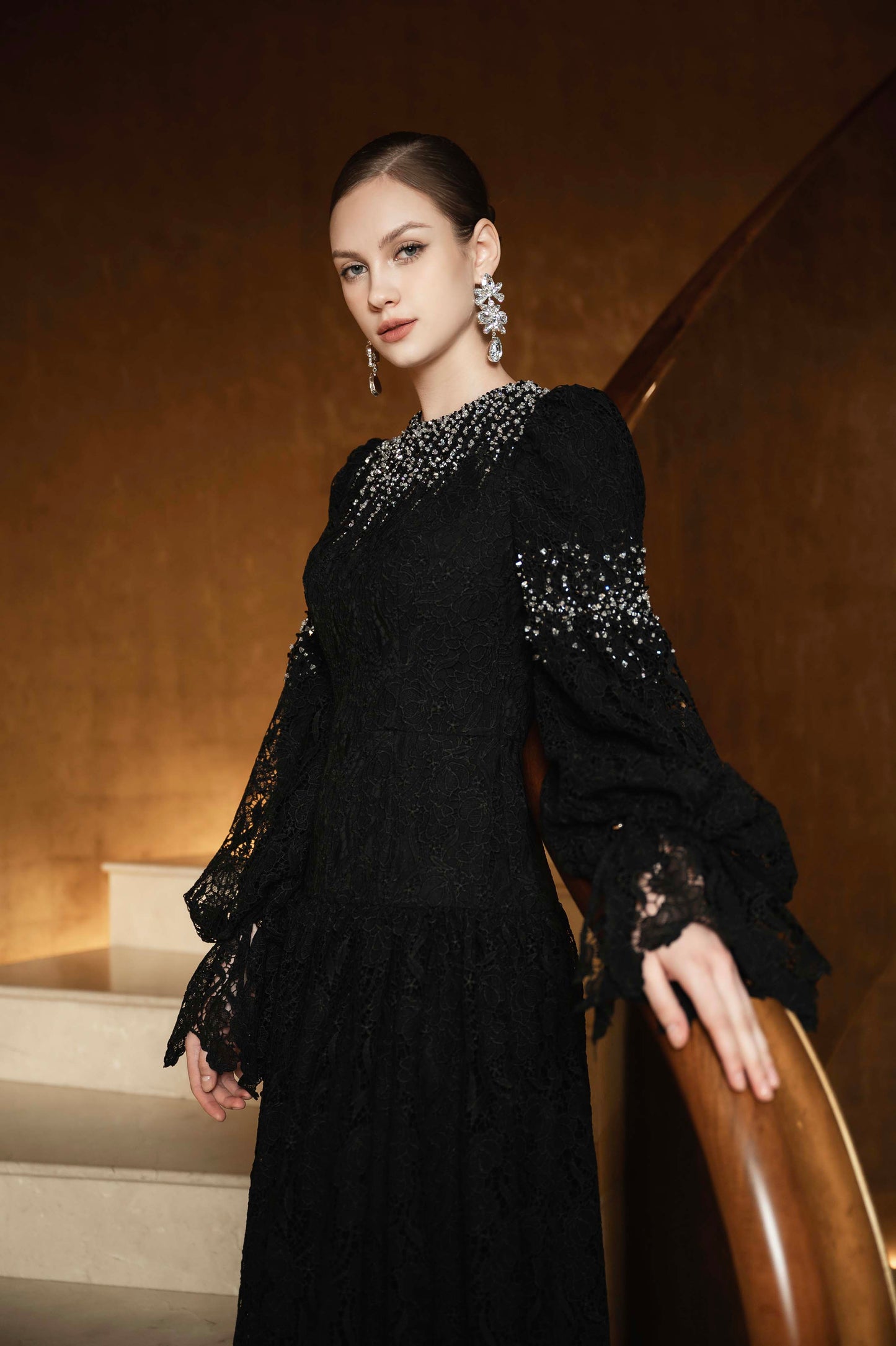 Black Lace Gown with Beaded Embellishments and Dramatic Sleeves