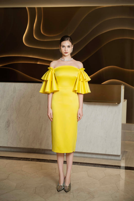 Yellow Off-Shoulder Ruffle Sleeve Midi Dress