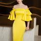 Yellow Off-Shoulder Ruffle Sleeve Midi Dress