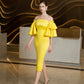 Yellow Off-Shoulder Ruffle Sleeve Midi Dress