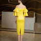 Yellow Off-Shoulder Ruffle Sleeve Midi Dress