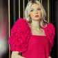 Hot Pink Tweed Dress with 3D Floral Puff Sleeves