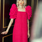 Hot Pink Tweed Dress with 3D Floral Puff Sleeves