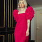 Hot Pink Tweed Dress with 3D Floral Puff Sleeves