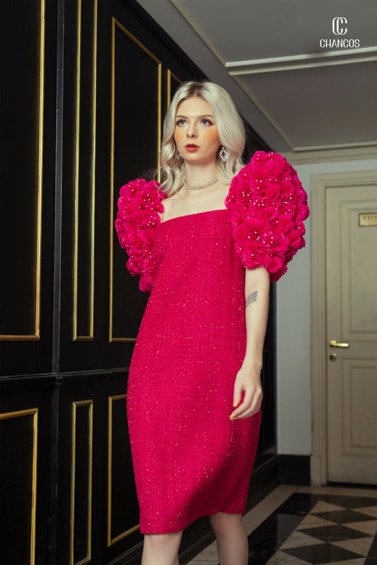 Hot Pink Tweed Dress with 3D Floral Puff Sleeves