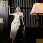 Embroidered Ivory Suit Set - Short Sleeve Jacket and Midi Skirt