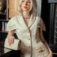 Embroidered Ivory Suit Set - Short Sleeve Jacket and Midi Skirt