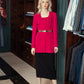 Fuchsia Blazer with Gold Belt and Black Pencil Skirt Set