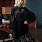 Black Satin Blouse with Embellished Collar and Ruffled Hem Skirt