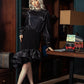 Black Satin Blouse with Embellished Collar and Ruffled Hem Skirt