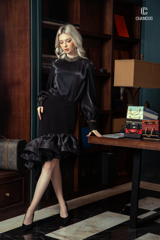 Black Satin Blouse with Embellished Collar and Ruffled Hem Skirt
