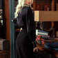 Black Satin Blouse with Embellished Collar and Ruffled Hem Skirt