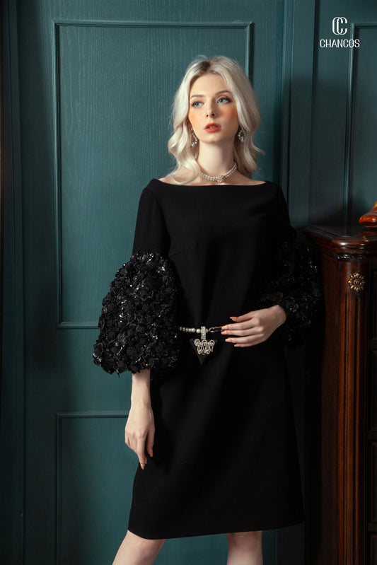 Black Dress with Statement Embellished Sleeve