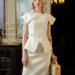 Textured Cream Midi Dress with Structured Shoulders and Peplum Detail