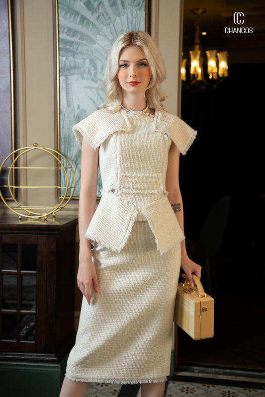 Textured Cream Midi Dress with Structured Shoulders and Peplum Detail