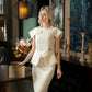 Textured Cream Midi Dress with Structured Shoulders and Peplum Detail
