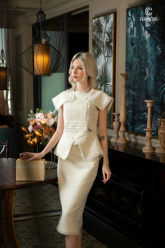 Textured Cream Midi Dress with Structured Shoulders and Peplum Detail
