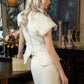 Textured Cream Midi Dress with Structured Shoulders and Peplum Detail