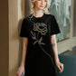 Black Velvet Dress with Embellished Floral Design