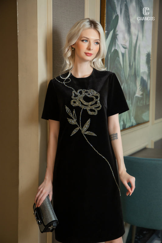 Black Velvet Dress with Embellished Floral Design