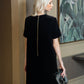 Black Velvet Dress with Embellished Floral Design