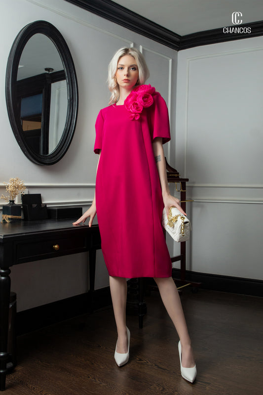 Loose-Fit Fuchsia Dress with Floral Shoulder Detail