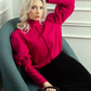 High-Neck Fuchsia Blouse with Puff Sleeves and Black Pencil Skirt