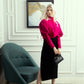 High-Neck Fuchsia Blouse with Puff Sleeves and Black Pencil Skirt