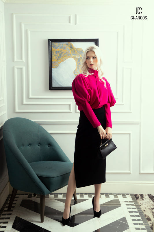 High-Neck Fuchsia Blouse with Puff Sleeves and Black Pencil Skirt
