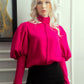 High-Neck Fuchsia Blouse with Puff Sleeves and Black Pencil Skirt