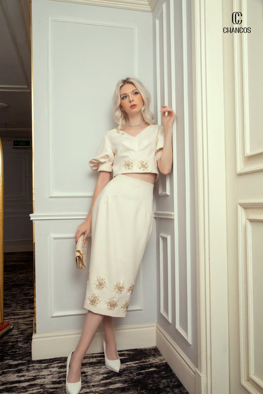 Ivory Embroidered Crop Top and High-Waisted Midi Skirt Set