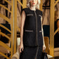 Black Sleeveless Tweed Skirt Suit with Embellished Trim