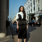Black and White Peplum Midi Dress with Puff Sleeves