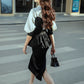 Black and White Peplum Midi Dress with Puff Sleeves