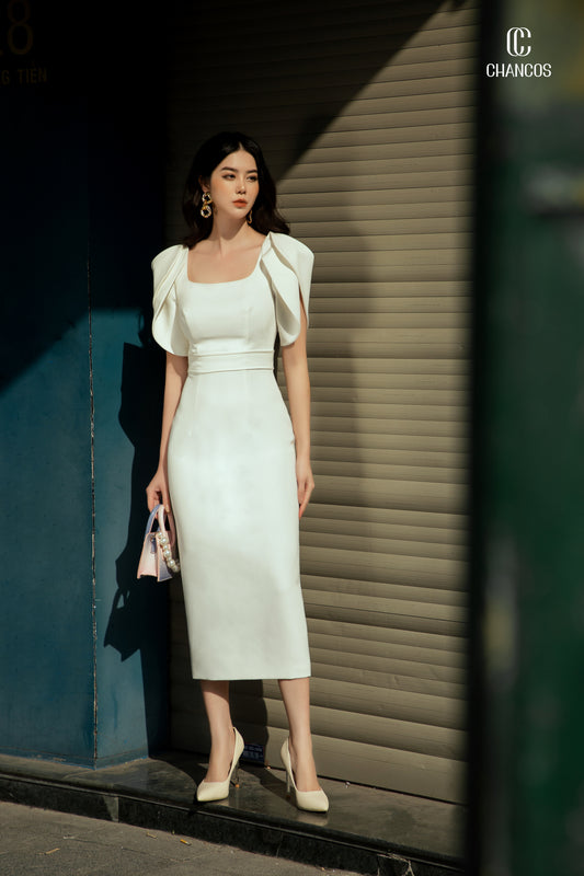 White Midi Dress with Statement Ruffle Sleeves