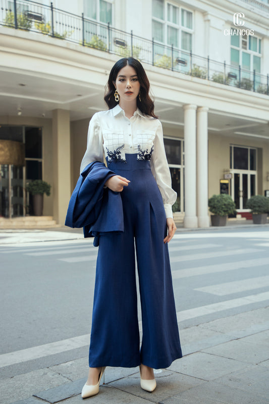 High-Waisted Blue Wide-Leg Jumpsuit with Embroidered White Top