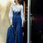 High-Waisted Blue Wide-Leg Jumpsuit with Embroidered White Top