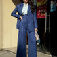 Double-Breasted Blue Blazer with White Stitch Detail