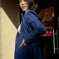 Double-Breasted Blue Blazer with White Stitch Detail