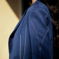 Double-Breasted Blue Blazer with White Stitch Detail