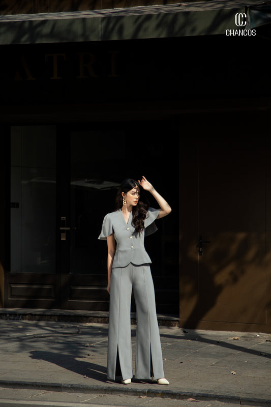 Grey Wide-Leg Pant Suit with Flutter Sleeve Blazer
