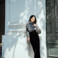Metallic Silver High-Neck Blouse with Puff Sleeves and Button Cuffs