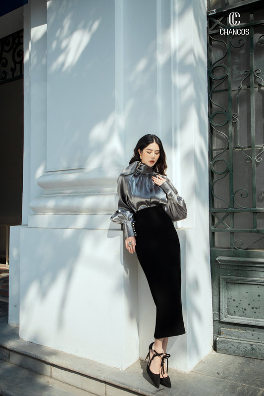 Metallic Silver High-Neck Blouse with Puff Sleeves and Button Cuffs