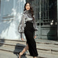 Metallic Silver High-Neck Blouse with Puff Sleeves and Button Cuffs