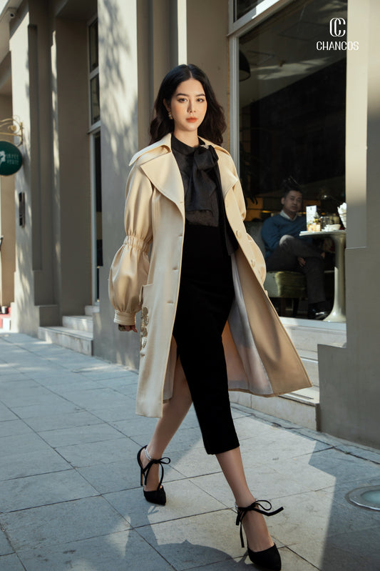 Chic Beige Trench Coat with Puff Sleeves
